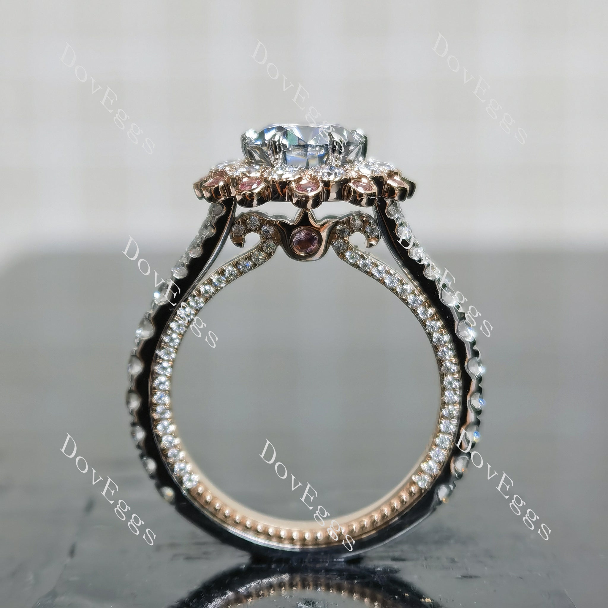 Floral halo with pave side diamonds, vintage carved arm engagement ring|Doveggs