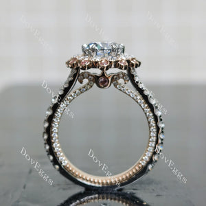 Floral halo with pave side diamonds, vintage carved arm engagement ring|Doveggs