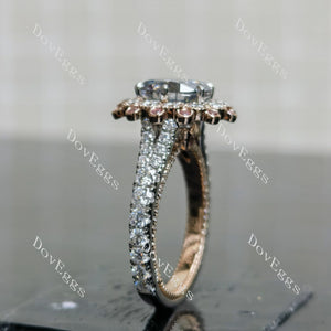 Oval halo floral vintage pave stardust grey moissanite engagement ring side view|Doveggs