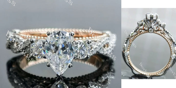 Pear pave vintage moissanite engagement ring main view|DovEggs