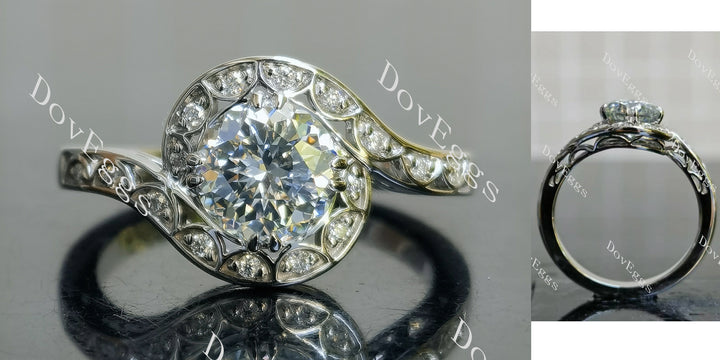 Round vintage halo moissanite engagement ring main view|Doveggs