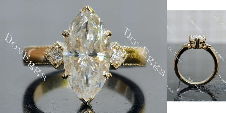 Marquise Modified H&A cut three stones moissanite engagement ring main view| Doveggs