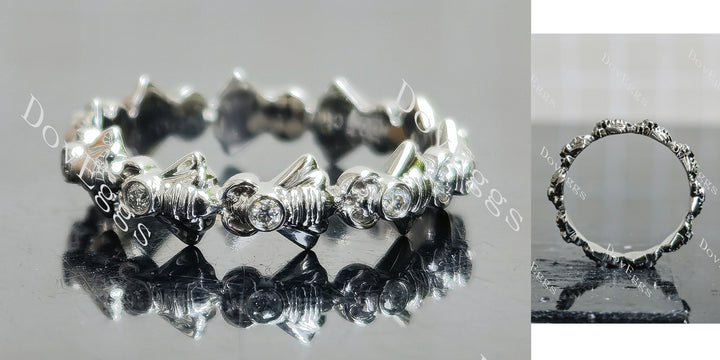 Tiny honeybee eternity round bezel moissanite/lab grown diamond wedding band main view|Doveggs