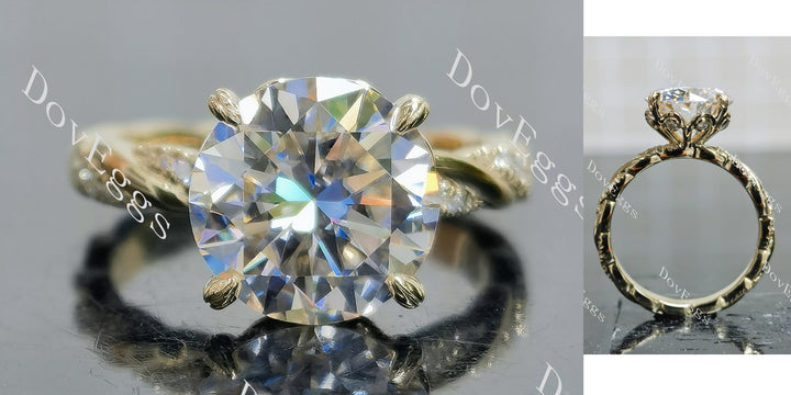 Round floral pave vintage moissanite engagement ring main view|Doveggs