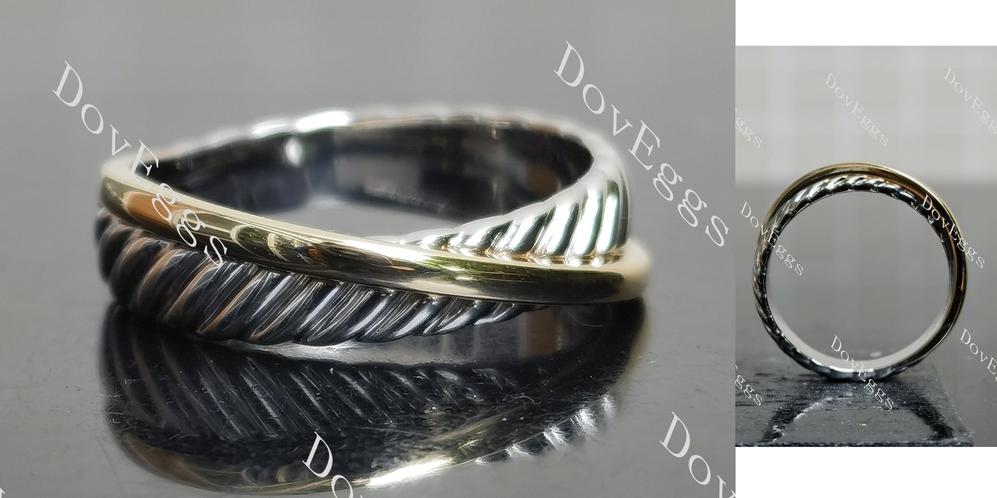 Art deco two-tone plain wedding band main view|Doveggs