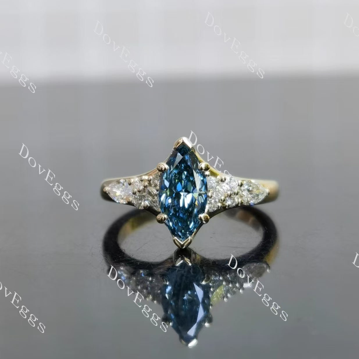 Marquise side stones blue moissanite engagement ring| Doveggs