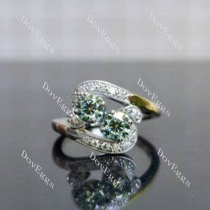 Round two-stone vintage peacock blue moissanite engagement ring|Doveggs