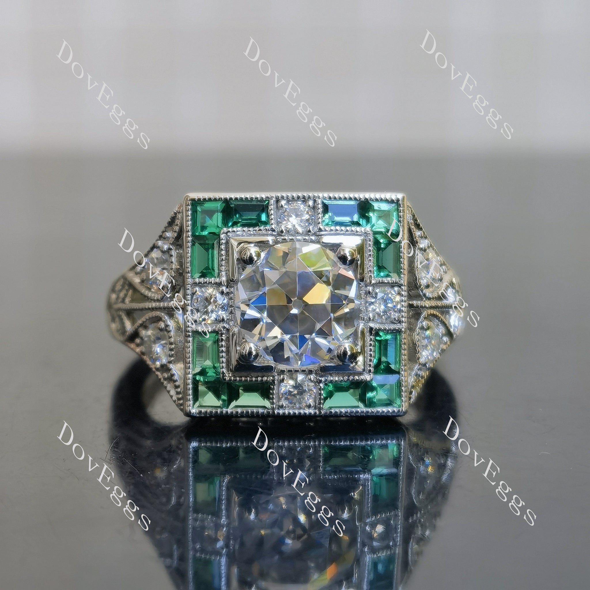 Round pave art deco vintage carving moissanite engagement ring|Doveggs