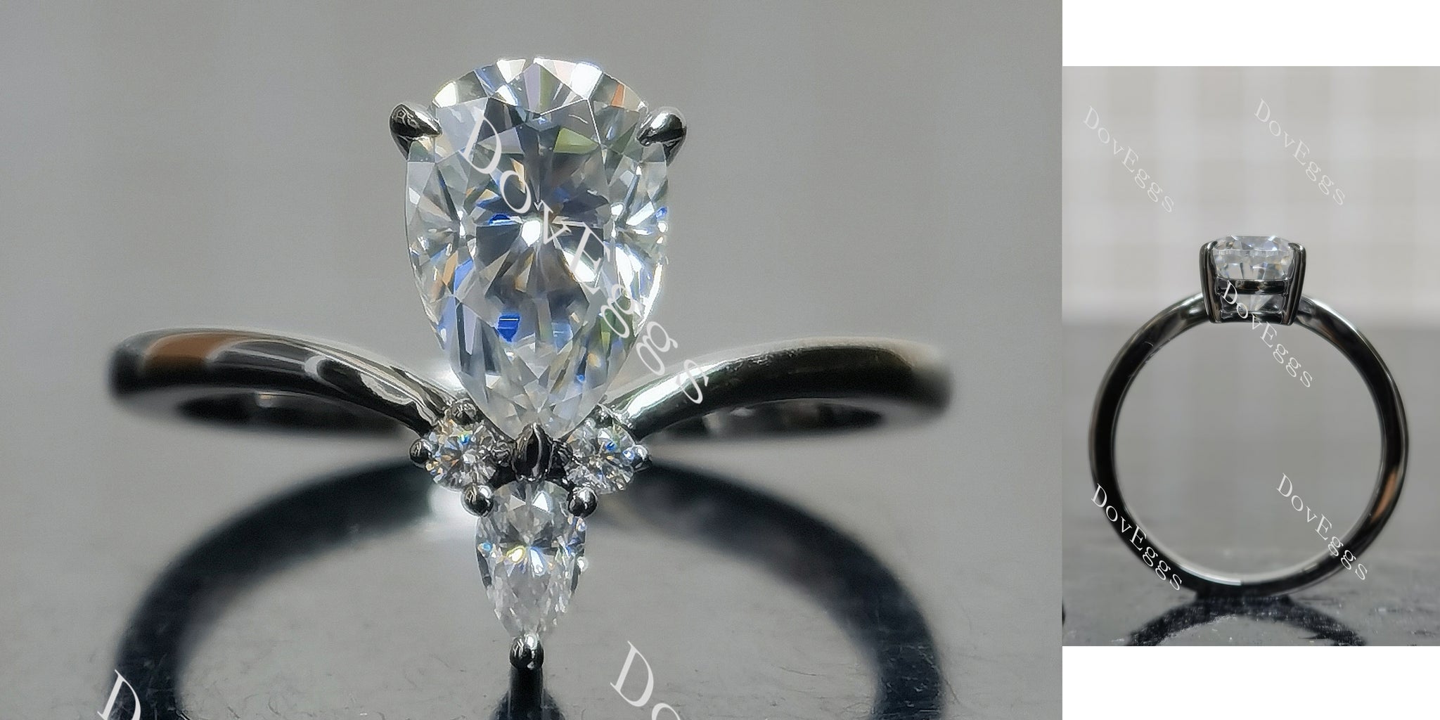 Pear art deco plated with black rhodium moissanite engagement ring main view|Doveggs