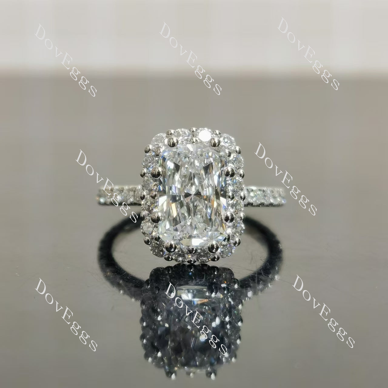 Elongated radiant halo pave moissnaite engagement ring| Doveggs