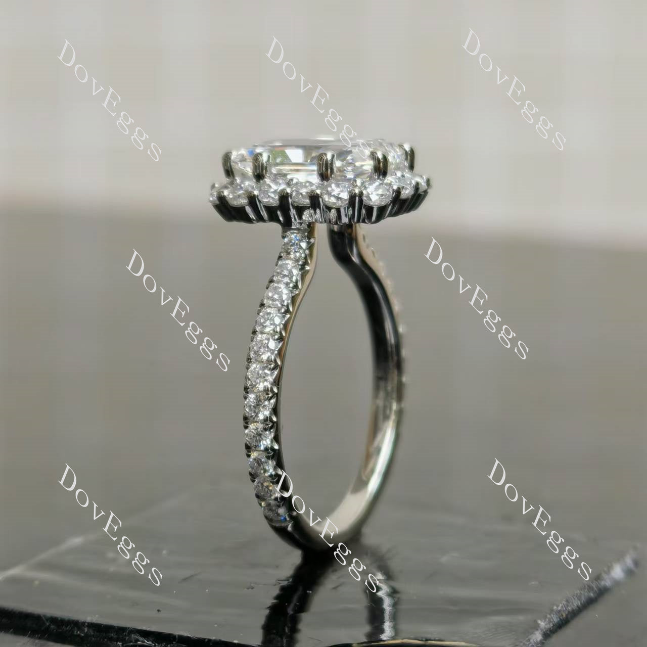 Radiant halo pave moissnaite engagement ring side view| Doveggs