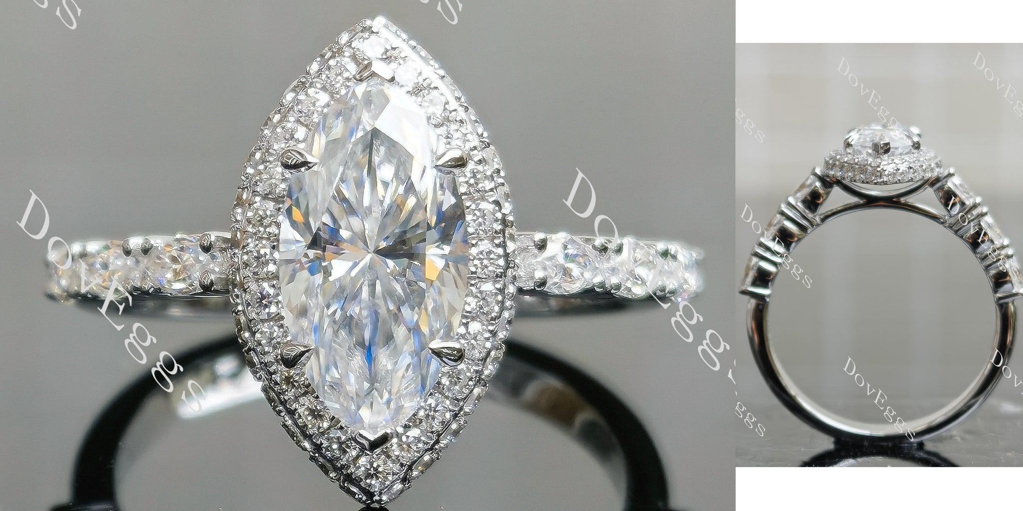 Marquise halo pave vintage moissanite engagement ring main view|Doveggs