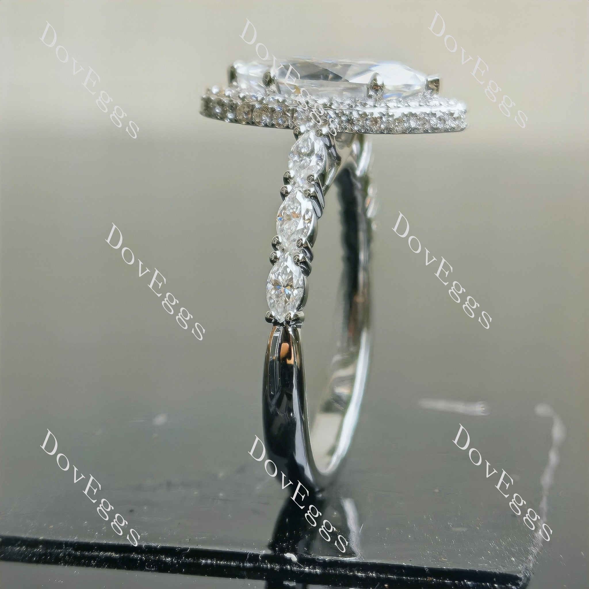 Marquise halo pave vintage moissanite engagement ring side view|Doveggs