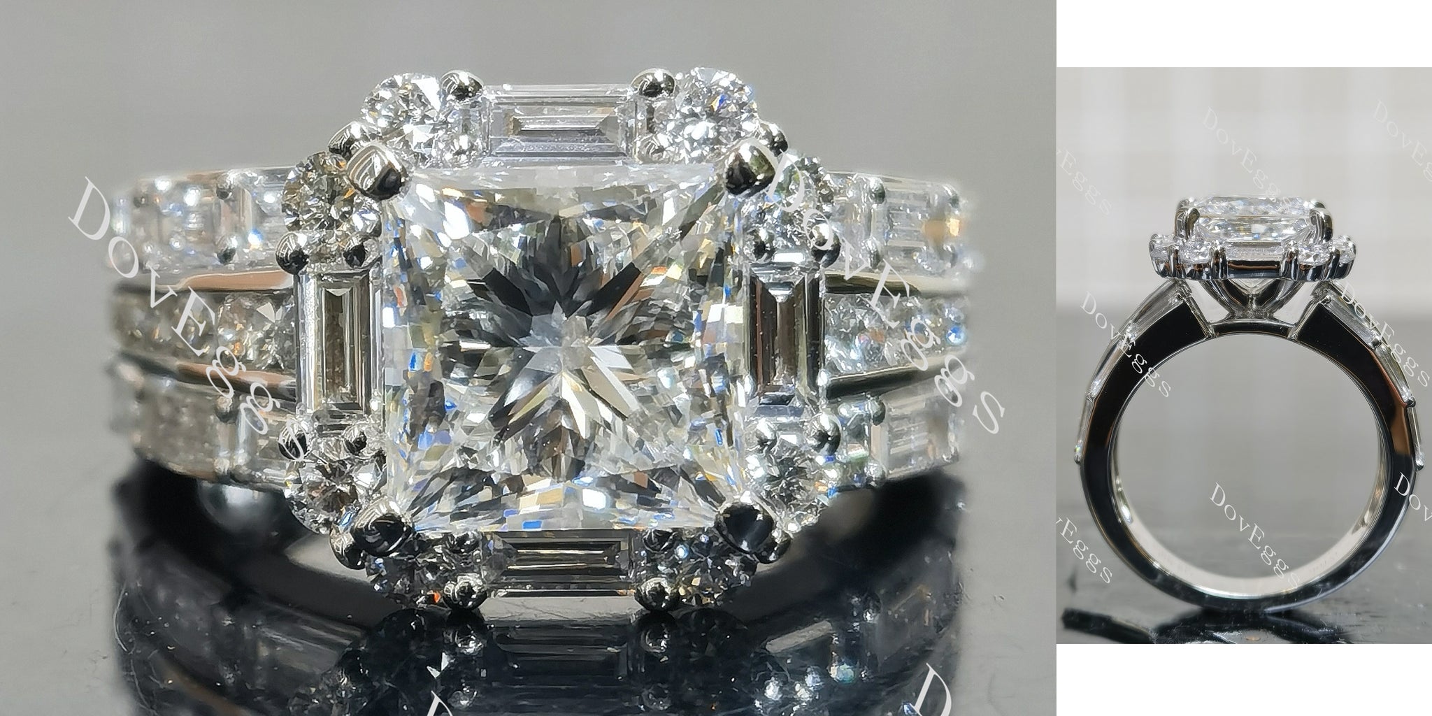 Princess halo pave art deco moissnaite engagement ring main view| Doveggs