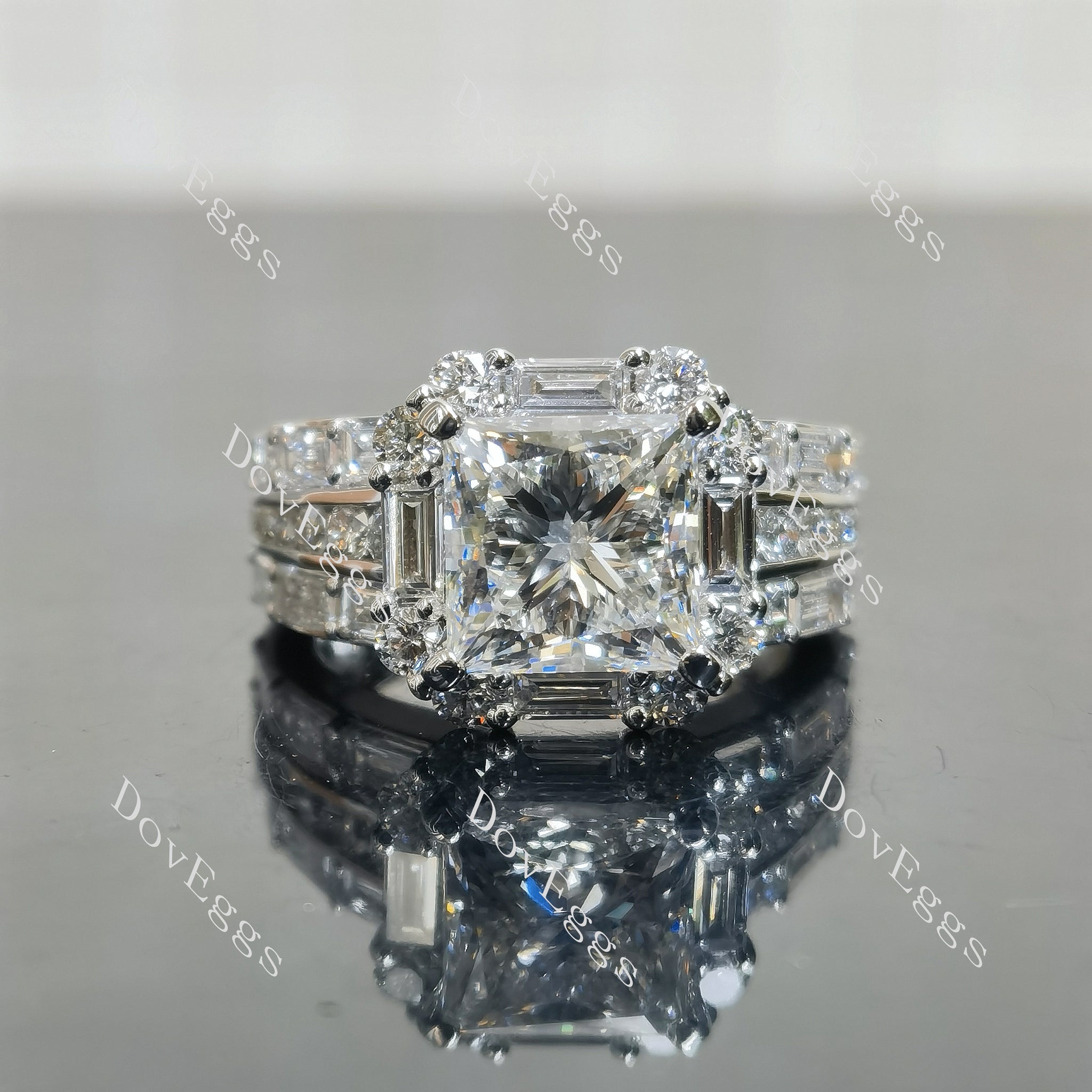 Princess halo pave art deco moissnaite engagement ring| Doveggs