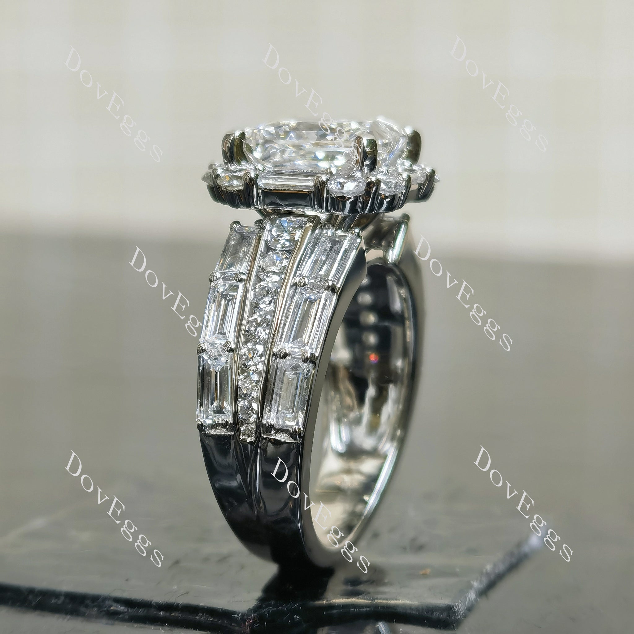 Princess halo pave art deco moissnaite engagement ring side view| Doveggs