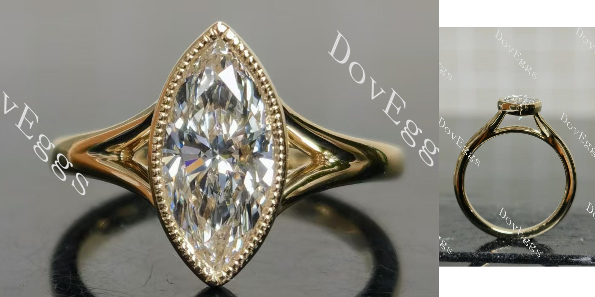 Marquise bezel solitaire split shanks moissanite engagement ring main view| Doveggs