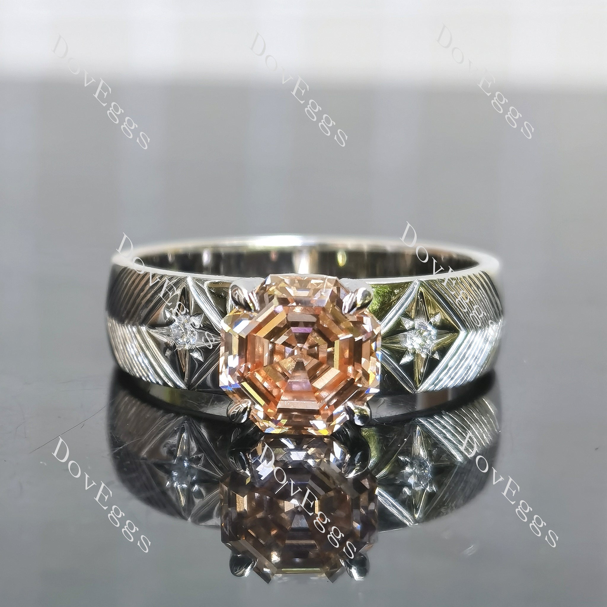 Octagon carving moissanite or lab diamond engagement ring| DovEggs