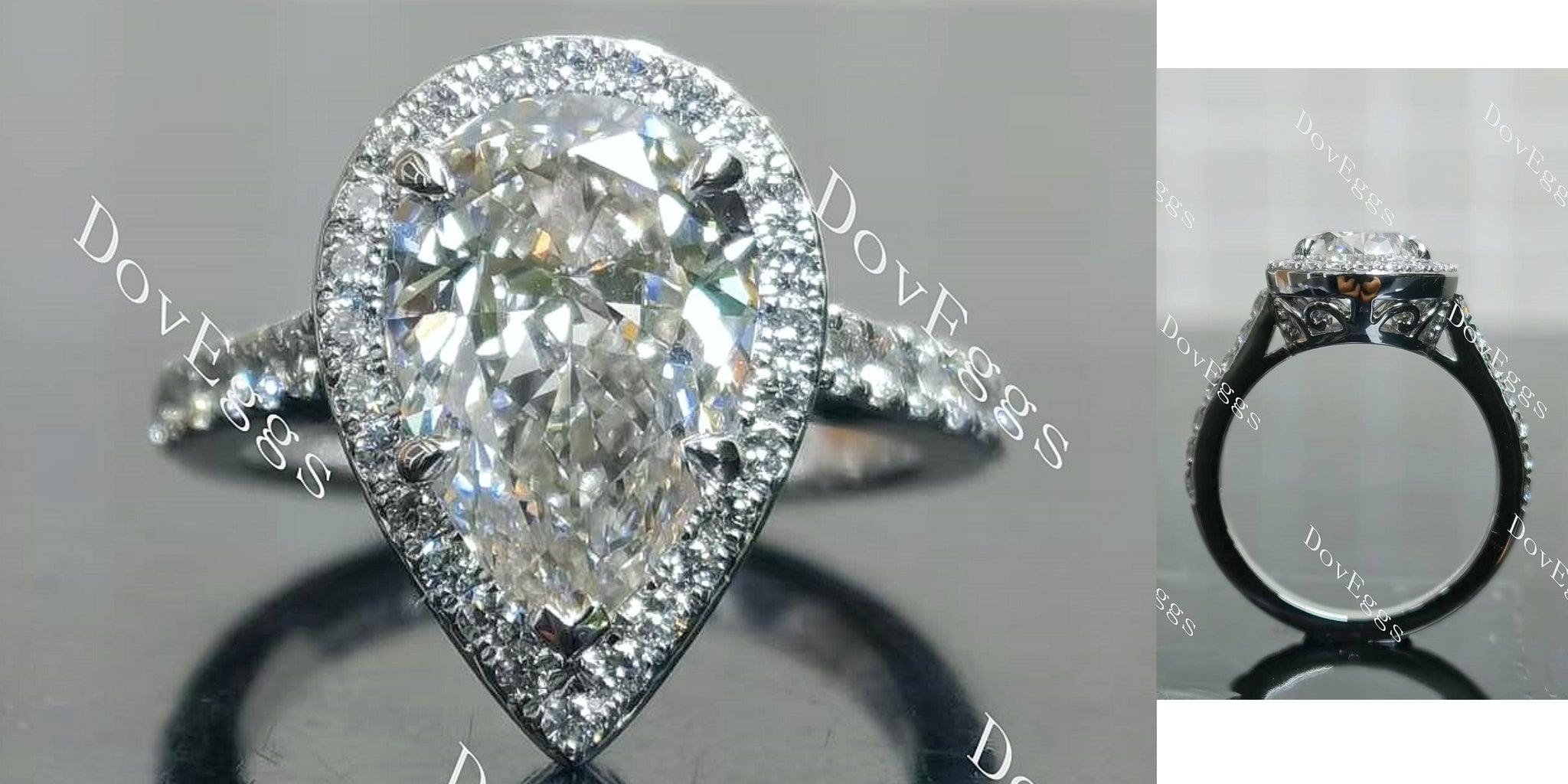 Pear vintage halo pave moissanite engagement ring main view|Doveggs