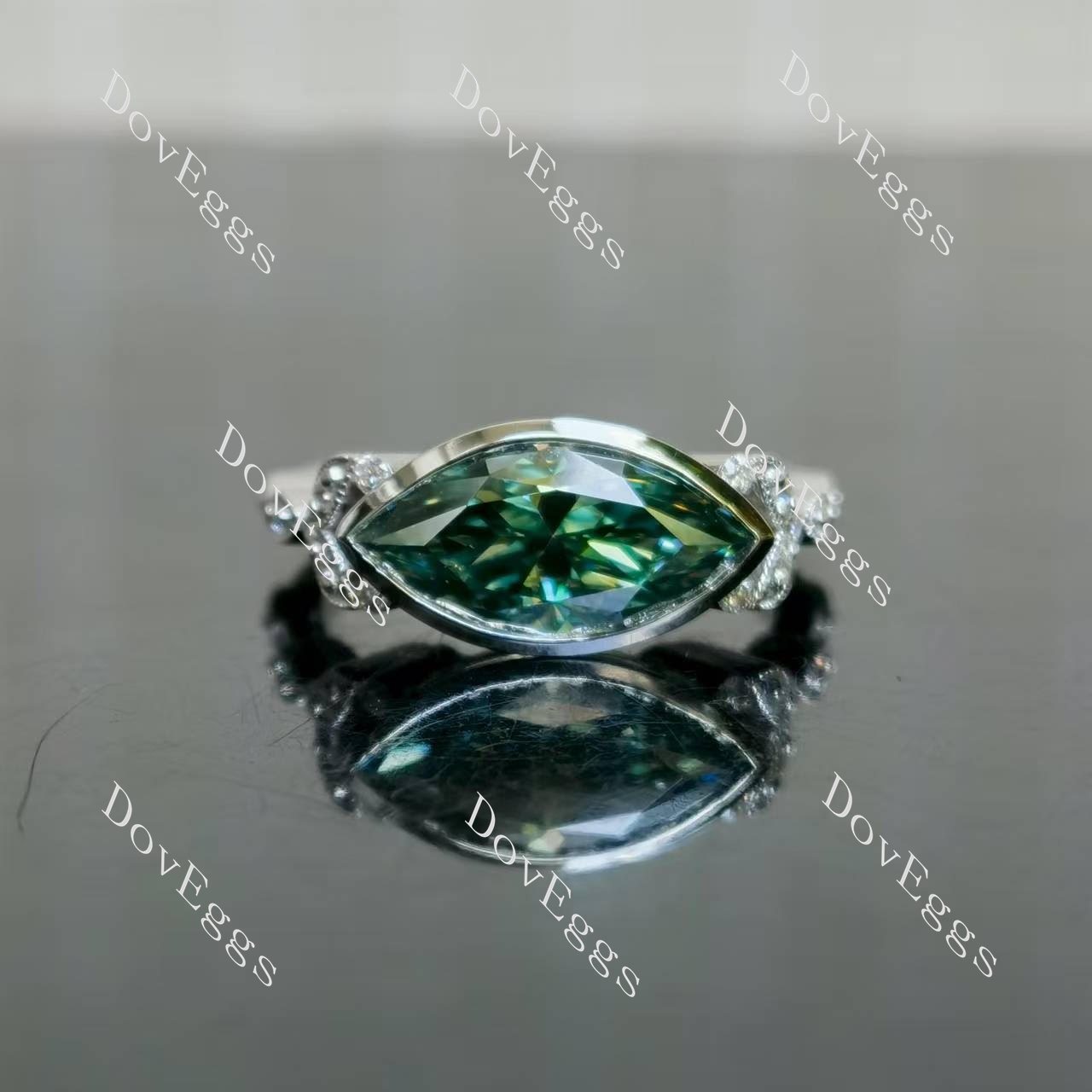 Marquise bezel art deco east to west direction colored moissanite engagement ring front view|Doveggs