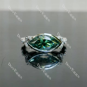 Marquise bezel art deco east to west direction colored moissanite engagement ring front view|Doveggs