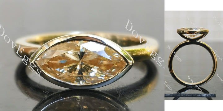 East-West marquise bezel solitaire moissanite engagement ring main view| Doveggs