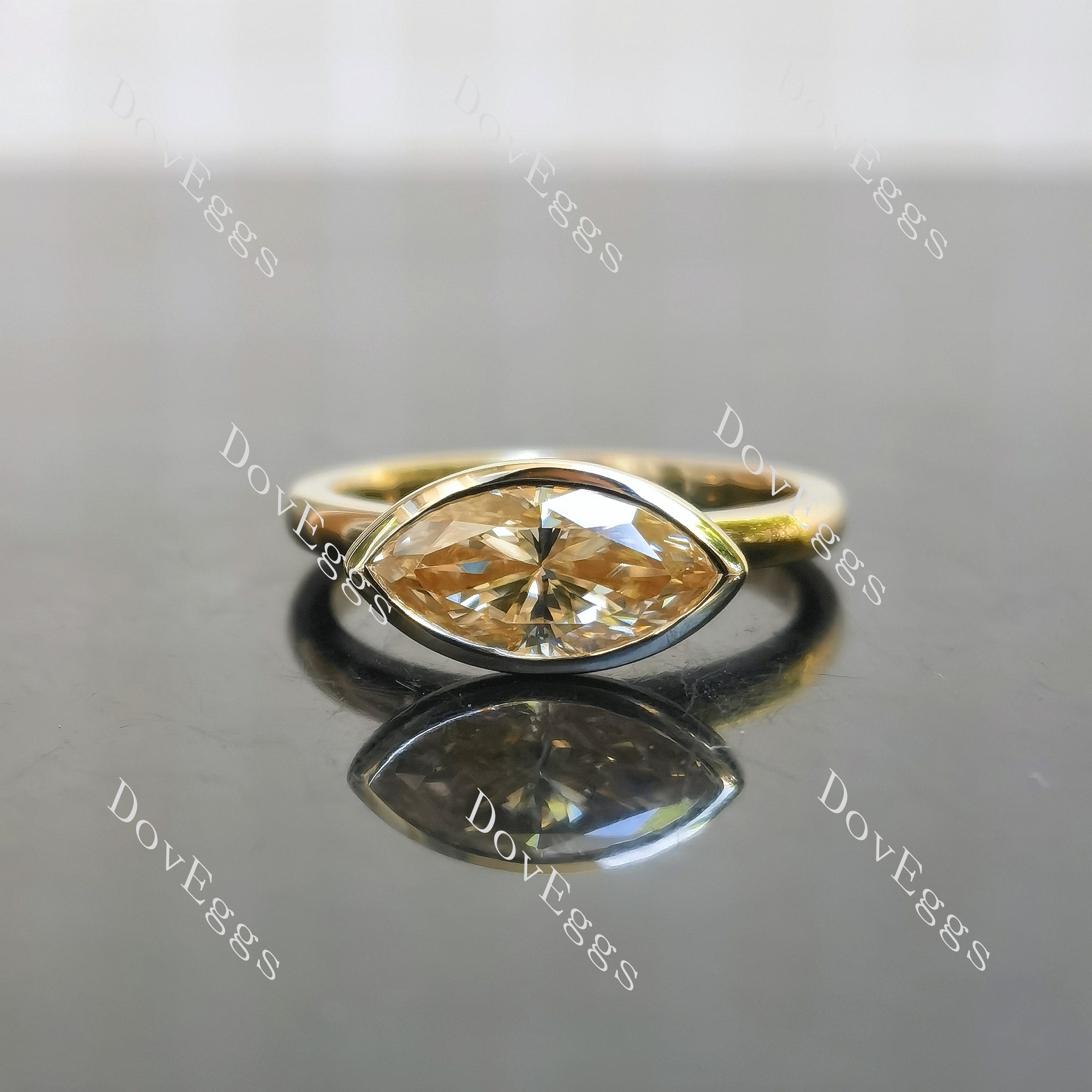 East-West marquise bezel solitaire champagne moissanite engagement ring| Doveggs