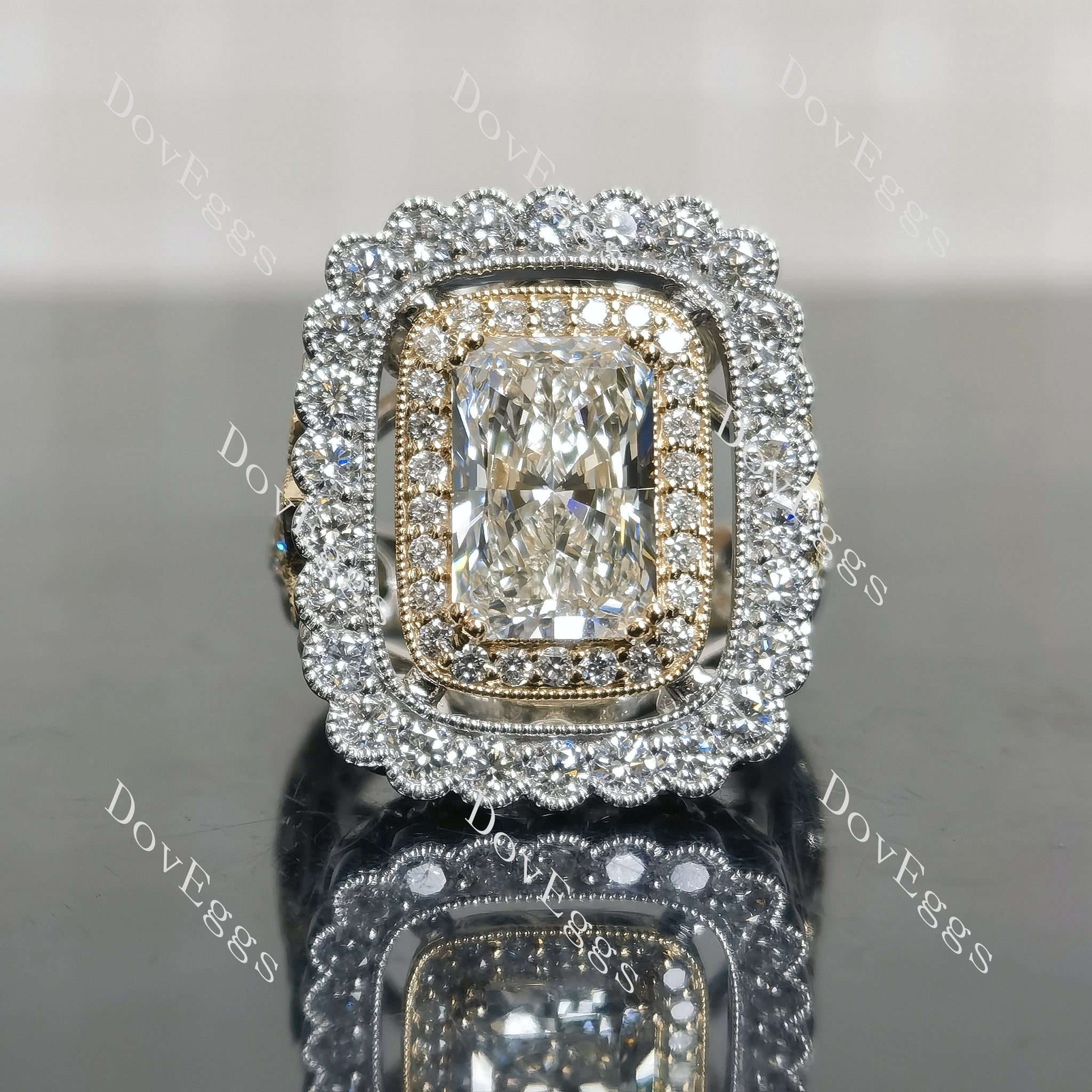 Radiant double halo vintage moissnaite engagement ring| Doveggs