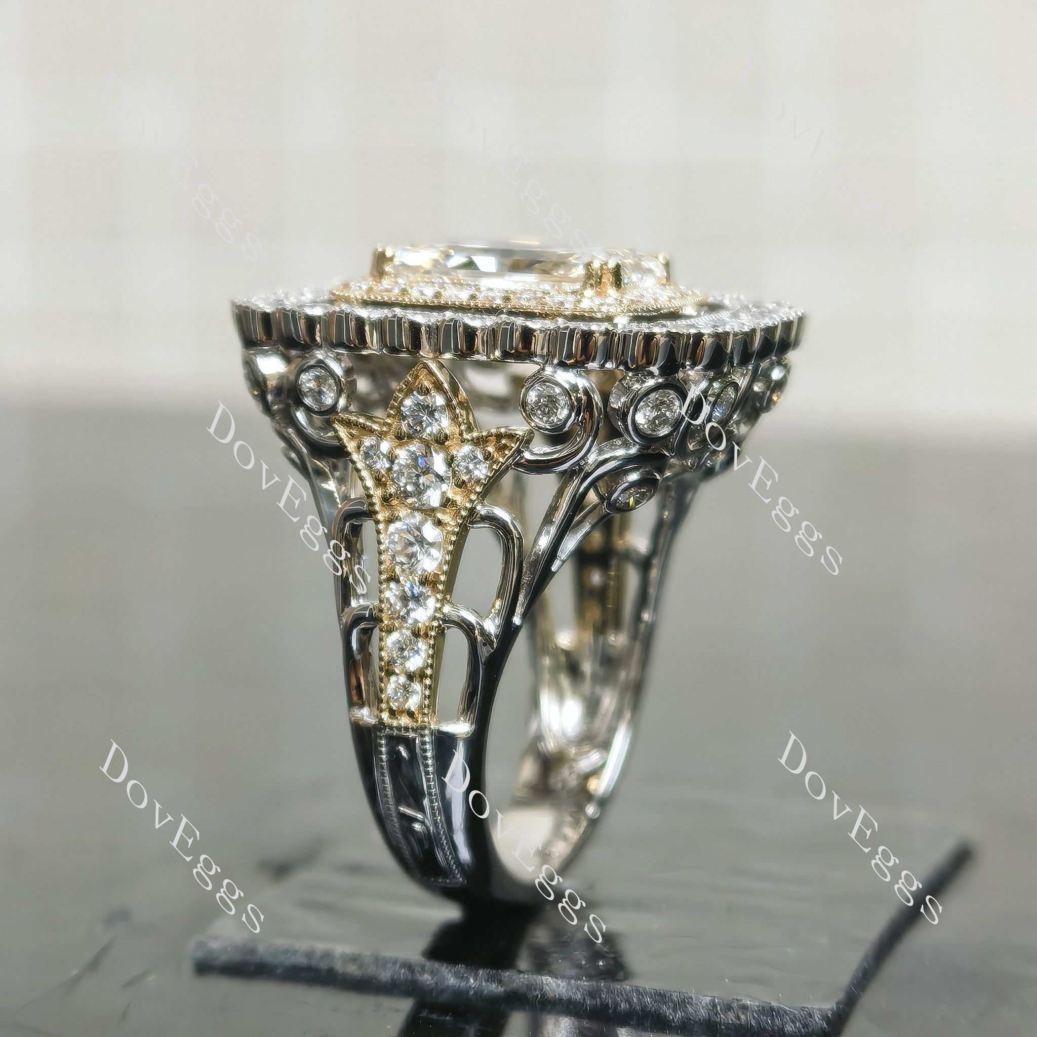 Radiant hidden halo pave vintage luxurious moissnaite engagement ring side view| Doveggs