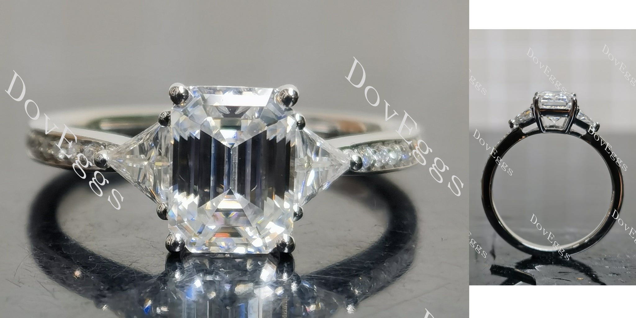 Emerald three stones pave moissanite engagement ring main view| Doveggs