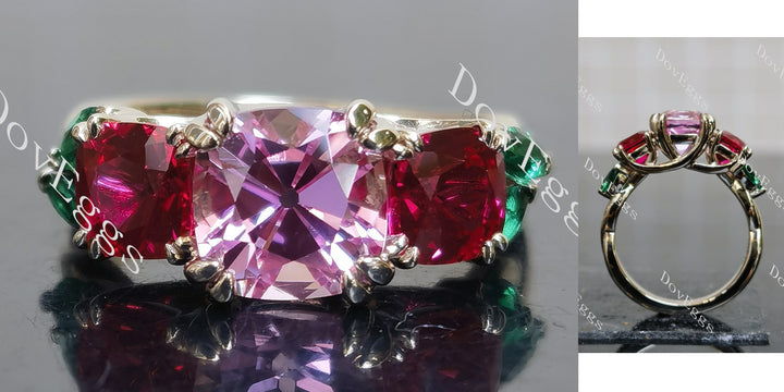 Cushion art deco three stones colored gem engagement ring main view| Doveggs