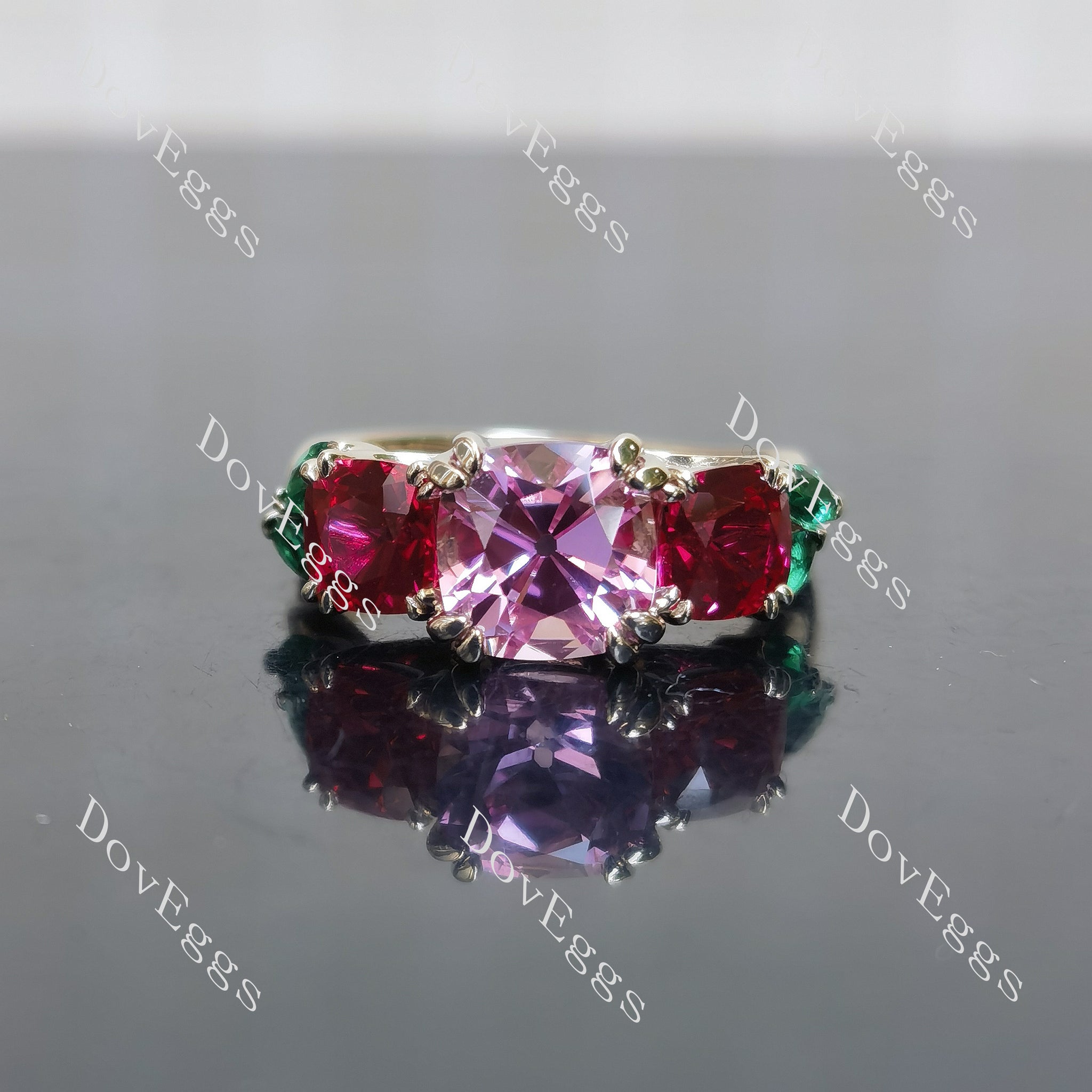 Cushion art deco three stones flower color scheme engagement ring| Doveggs