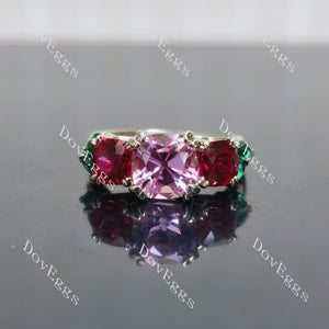 Cushion art deco three stones flower color scheme engagement ring| Doveggs
