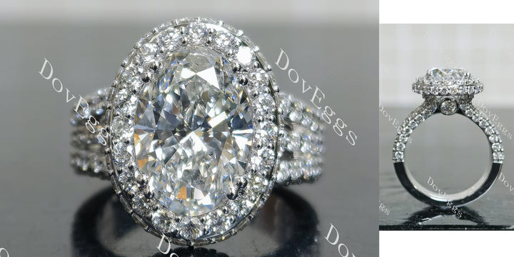 Oval halo pave vintage art deco moissnaite engagement ring main view| Doveggs