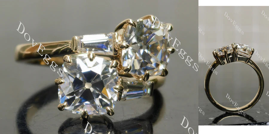 Two-Stone Lab Diamond Ring with Baguette Accents (LGD/Moissanite) in 10K/14K/18K Gold or Platinum | DovEggs