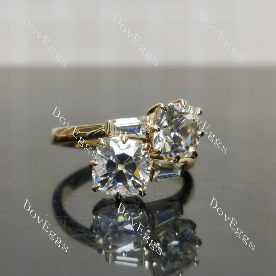 Two-Stone Lab Diamond Ring with Baguette Accents (LGD/Moissanite) in 10K/14K/18K Gold or Platinum | DovEggs