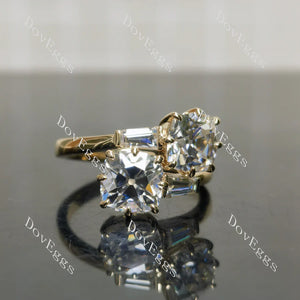 Two-Stone Lab Diamond Ring with Baguette Accents (LGD/Moissanite) in 10K/14K/18K Gold or Platinum | DovEggs