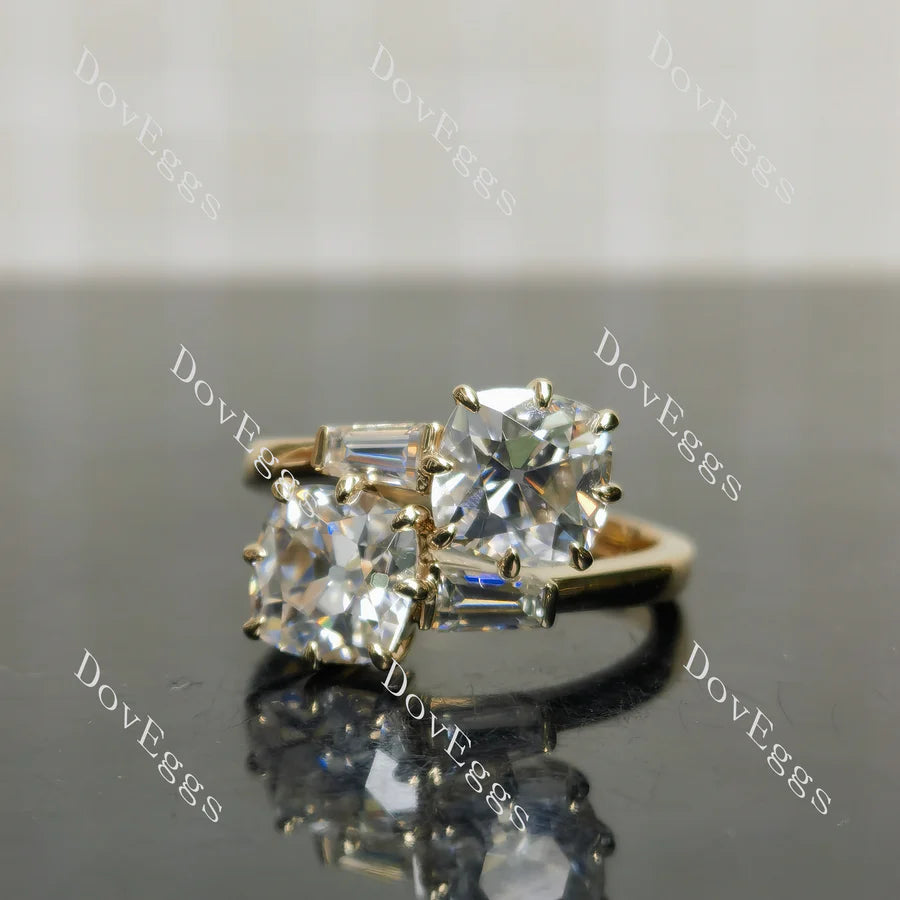 Two-Stone Lab Diamond Ring with Baguette Accents (LGD/Moissanite) in 10K/14K/18K Gold or Platinum | DovEggs