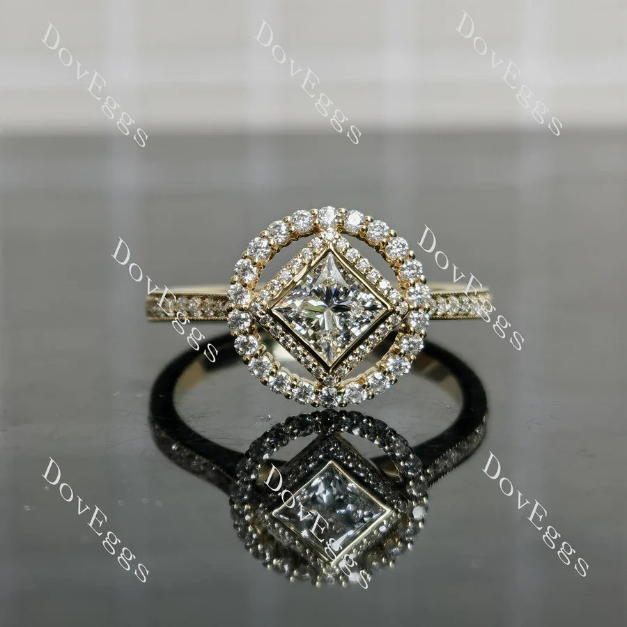10K yellow gold princess-cut lab diamond engagement ring with moissanite halo | DovEggs
