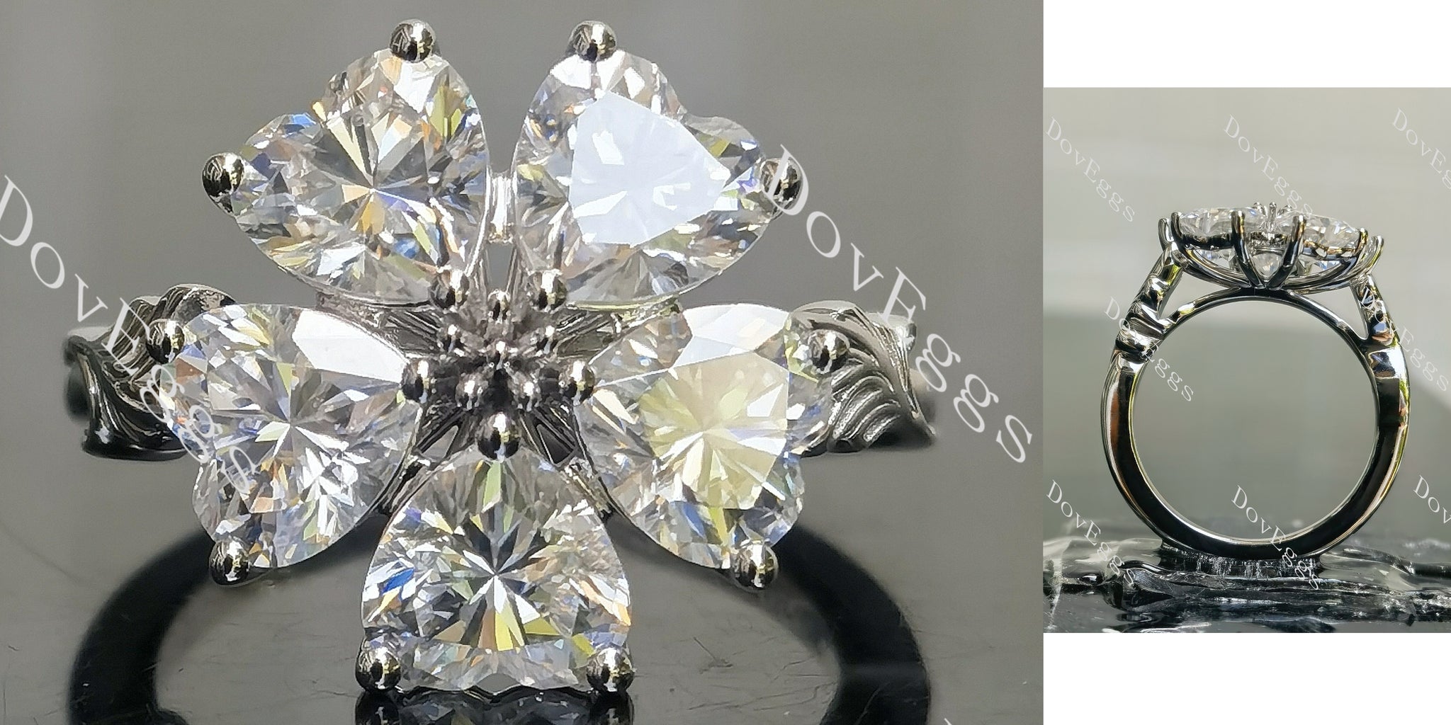 Heart floral art deco moissanite engagement ring main view| Doveggs
