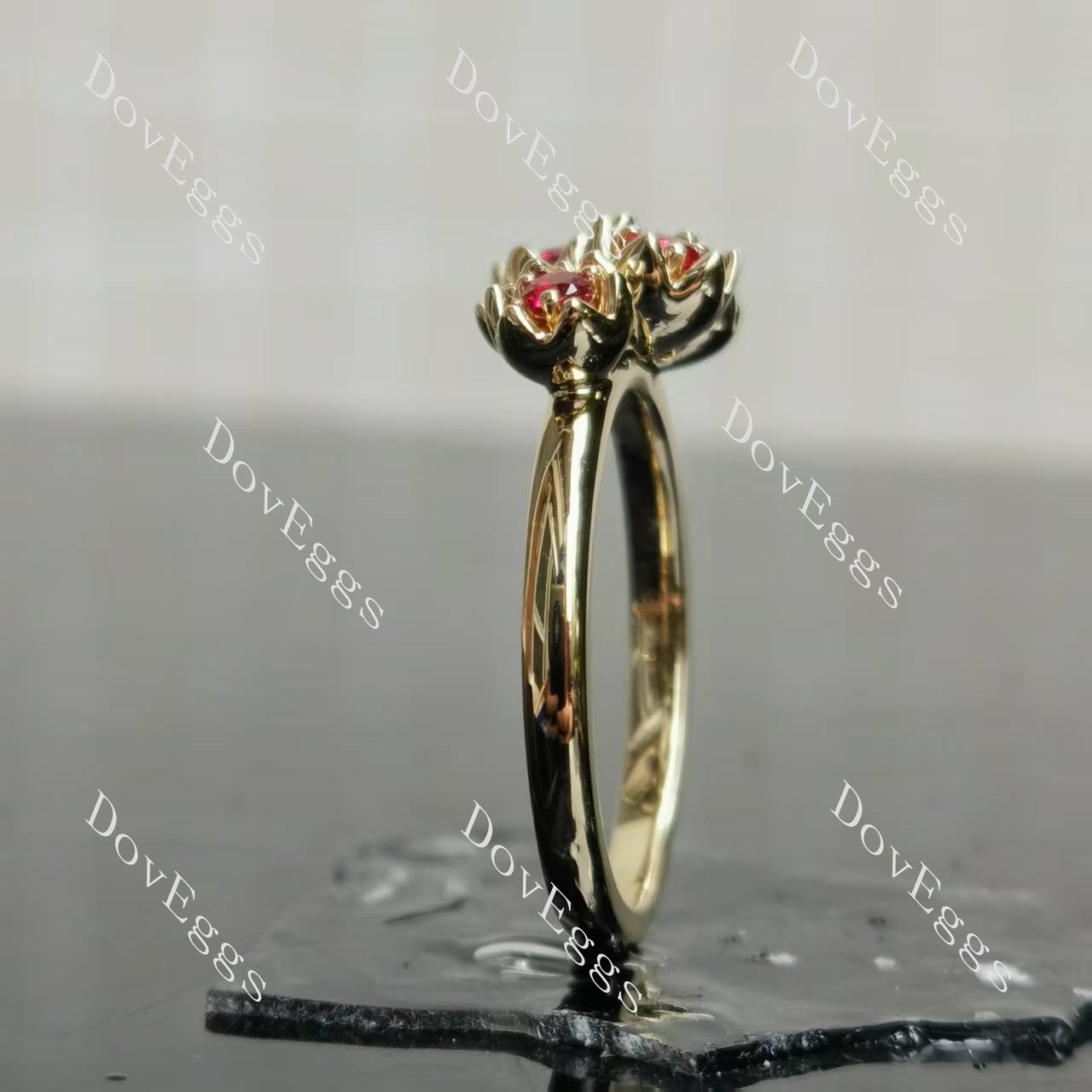 Round floral colored gem wedding band side view|Doveggs