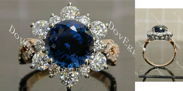 Two-Tone 10K Rose & White Gold Royal Blue Sapphire Ring (4ct Portuguese Cut) with Moissanite Accents | DovEggs