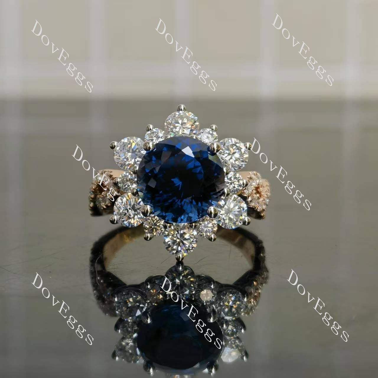 Round floral vintage art deco colored gem engagement ring front view|Doveggs
