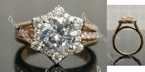 Octagon floral halo pave moissanite engagement ring main view|Doveggs