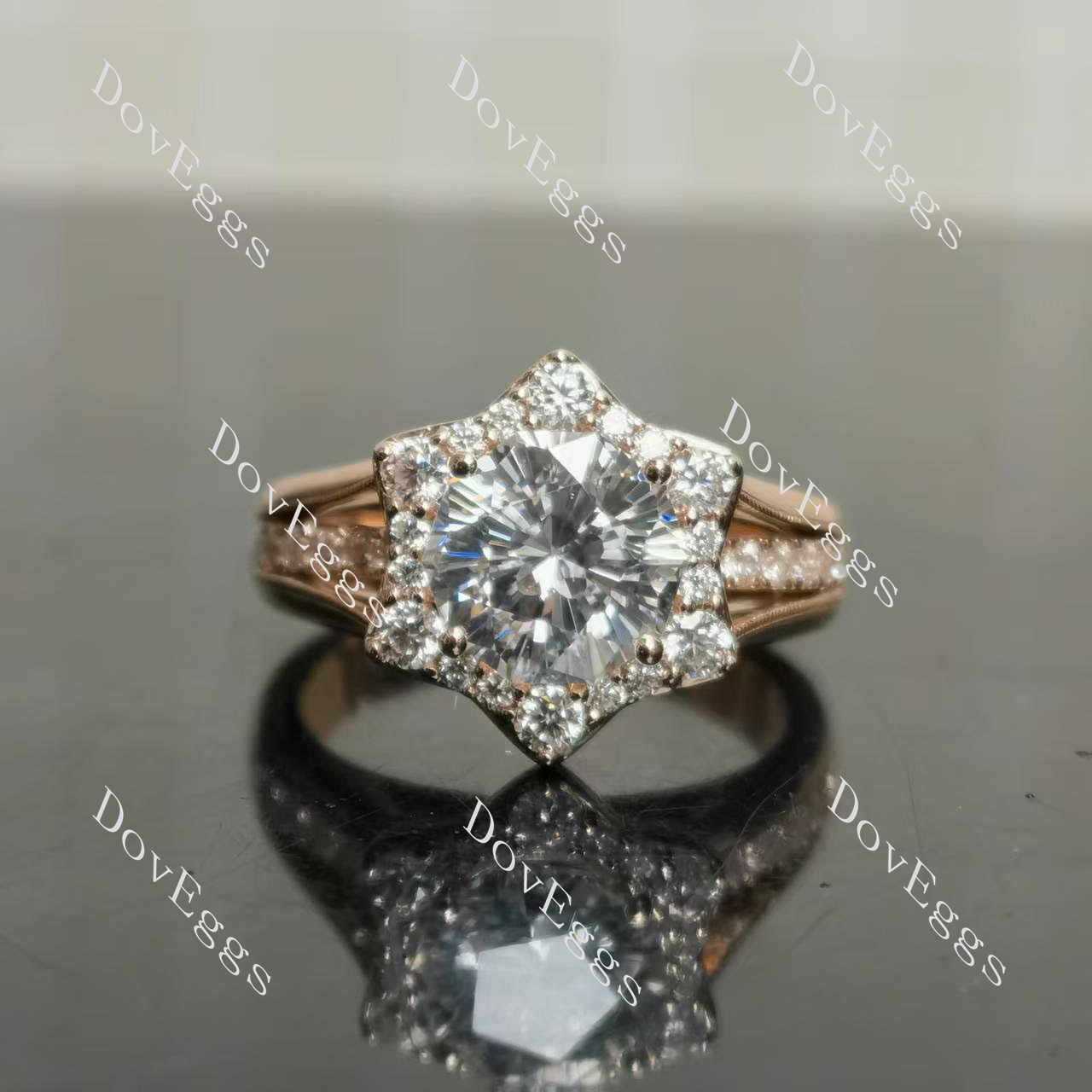 Octagon floral halo pave moissanite engagement ring front view|Doveggs