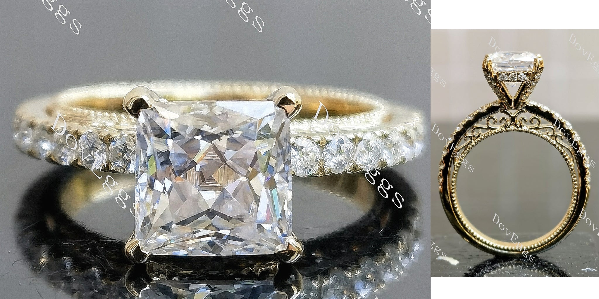Princess pave art deco moissanite engagement ring main view|Doveggs