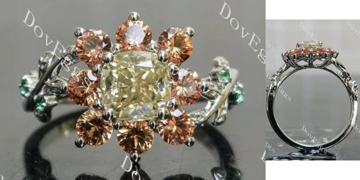14K White Gold Fancy Yellow Cushion Ring with Orange Sapphire & Zambia Emerald Accents | DovEggs