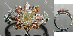 14K White Gold Fancy Yellow Cushion Ring with Orange Sapphire & Zambia Emerald Accents | DovEggs
