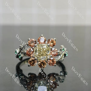 14K White Gold Fancy Yellow Cushion Ring with Orange Sapphire & Zambia Emerald Accents | DovEggs