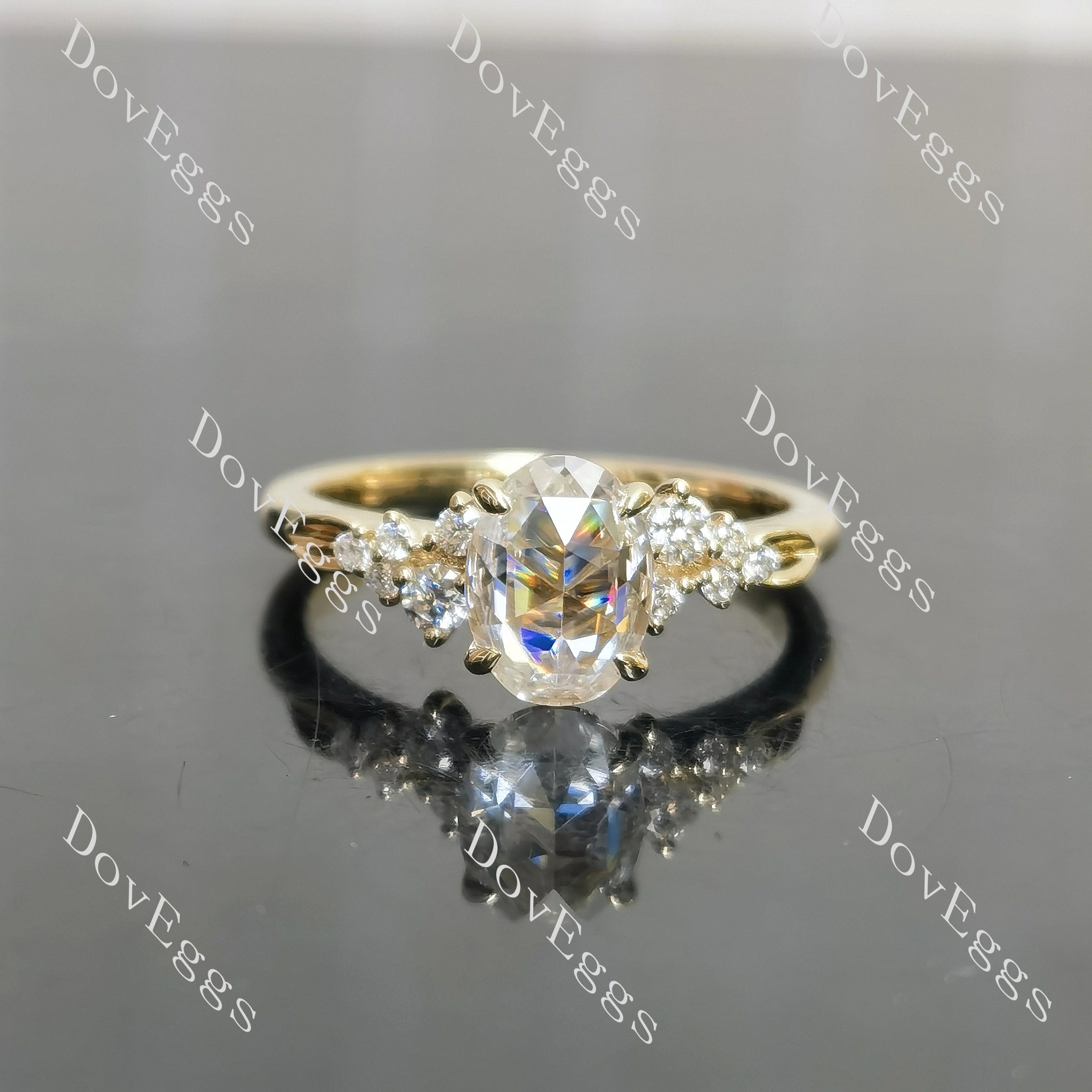 Oval side stone moissanite engagement ring front view|Doveggs